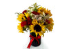 Arreglo de Girasoles con Rosas Rojas Astromelias Florero Vidrio Negro Marca Litza Floreria